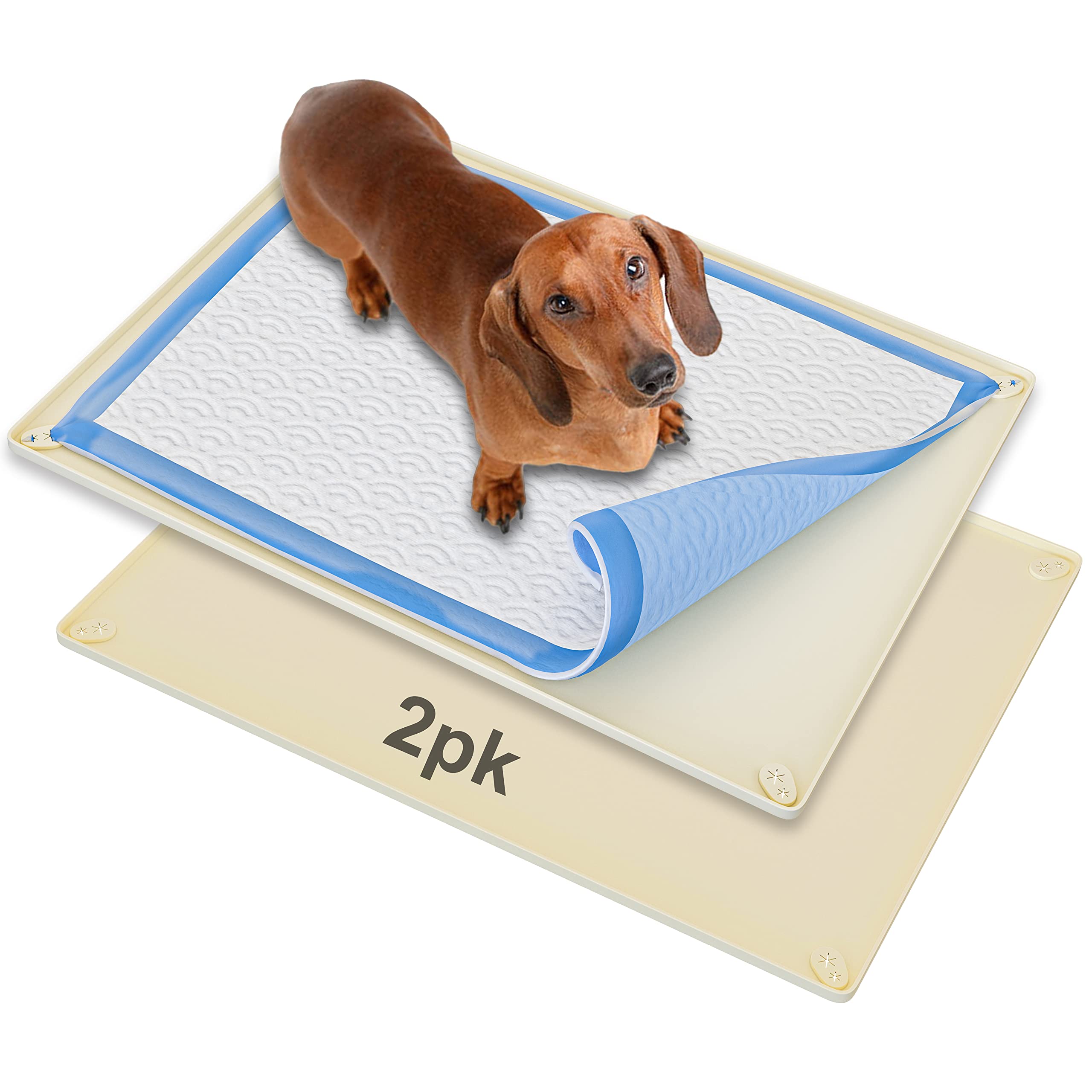 Skywin Pee Pad Holder for 30 x 23 Training Pads - 2 Pack Silicone Wee Wee Pad Holder, No Spill and Leaks Puppy Pad Holder Easy to Clean and Store Dog Pad Holder (Beige)