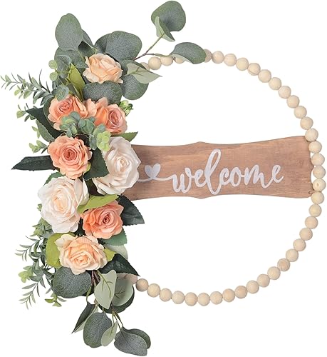 Letrero de bienvenida para corona de puerta delantera, 16 pulgadas, cuentas de madera de granja, corona de eucalipto, corona de puerta de primavera
