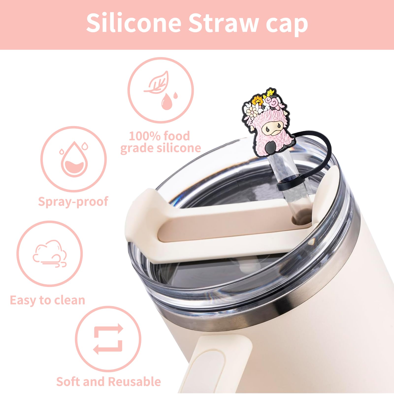 ACEGENIU Straw Cover Cap for Stanley Cup,0.4in/10mm Silicone Pink Highland Cattle Straw Topper Accessories for Stanley 40 Oz