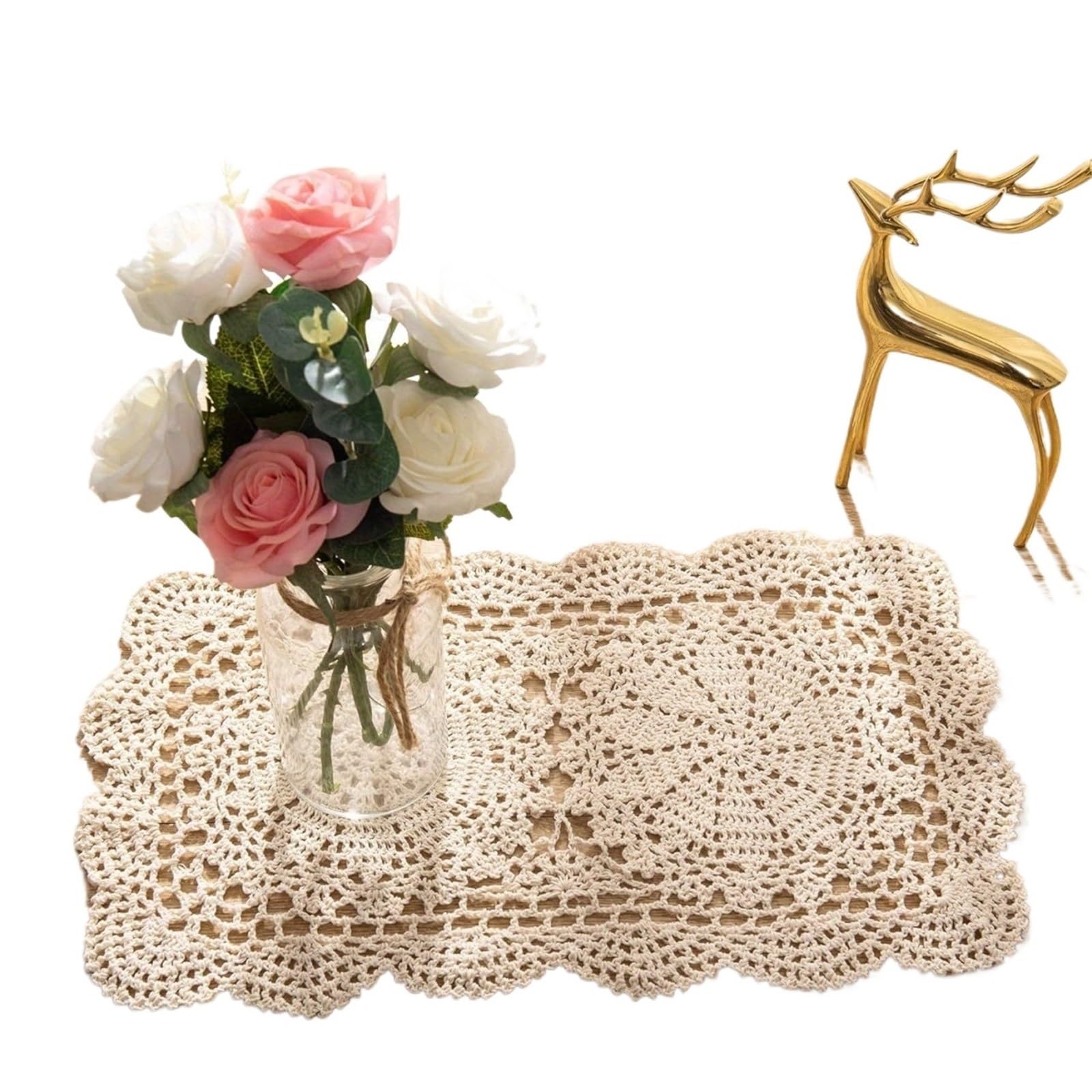 Cotton Coasters 4pcs Rectangle Crochet Cotton Lace Doily Handmade Table Coaster Placemat Set(Beige)