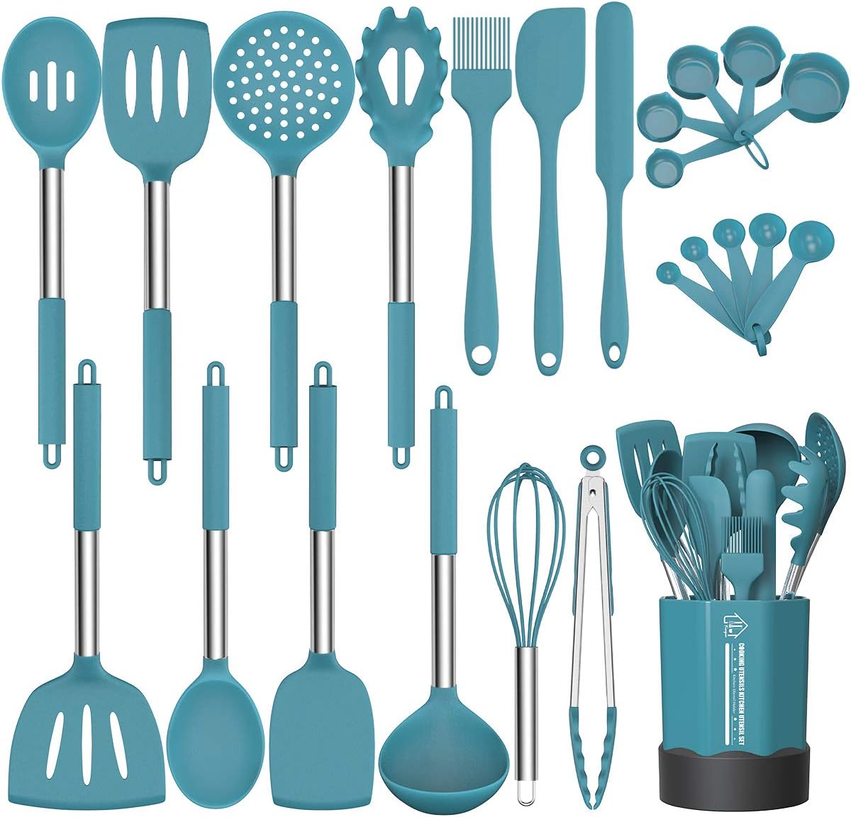 Silicone Cooking Utensil Set, Fungun Non-stick Kitchen 24 Pcs Cookware, Heat Resistant , Silicone Kitchen Tools Gift with Stainless Steel Handle (Blue-24pcs）