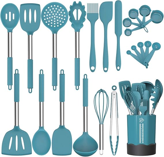 Silicone Cooking Utensil Set, Fungun Non-stick Kitchen 24 Pcs Cookware, Heat Resistant , Silicone Kitchen Tools Gift with Stainless Steel Handle (Blue-24pcs)