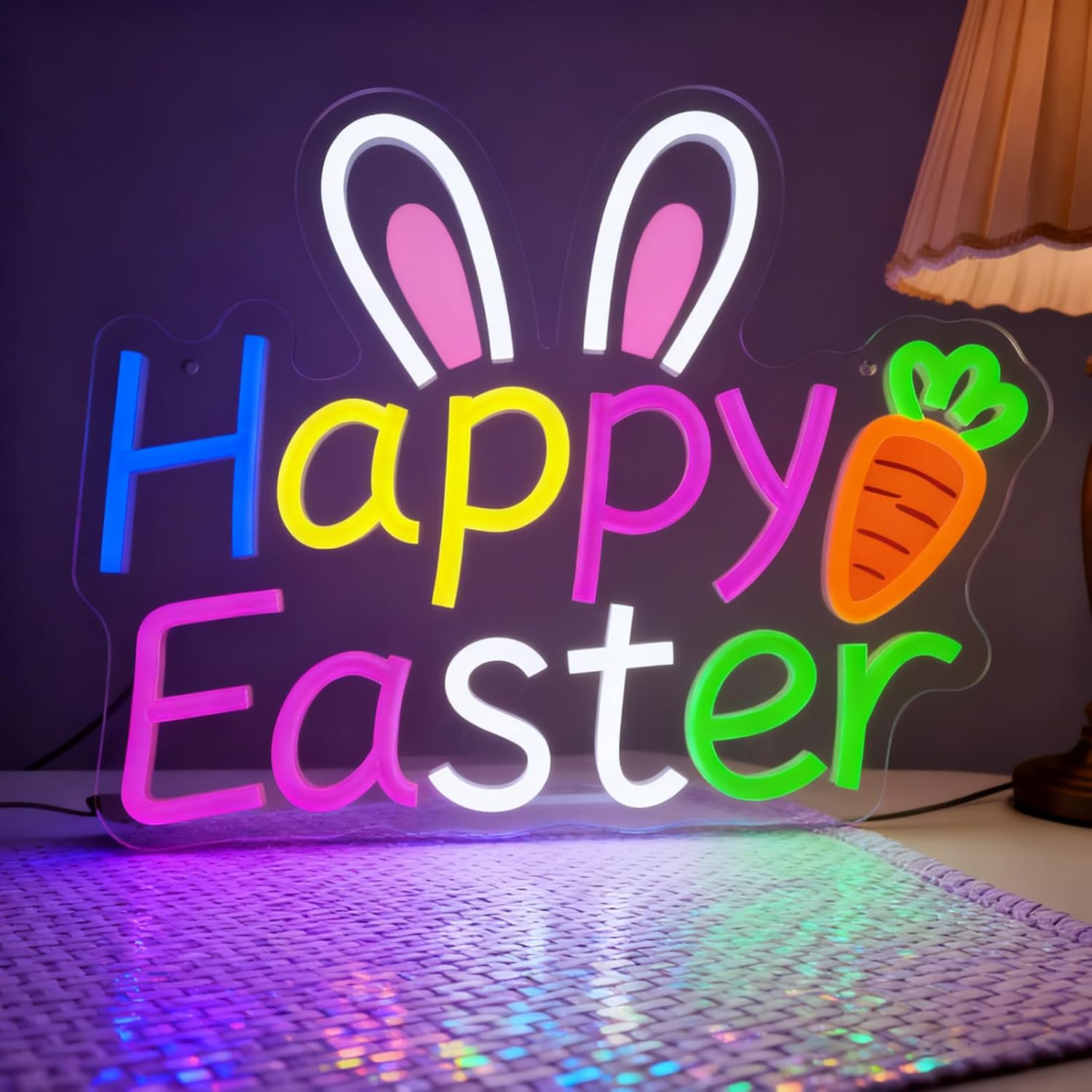 Happy Easter Neon Sign, Easter Bunny LED Neon Light for Wall & Window Decor, USB Powered, Adjustable Brightness, Easter Lights for Party & Home Decoration