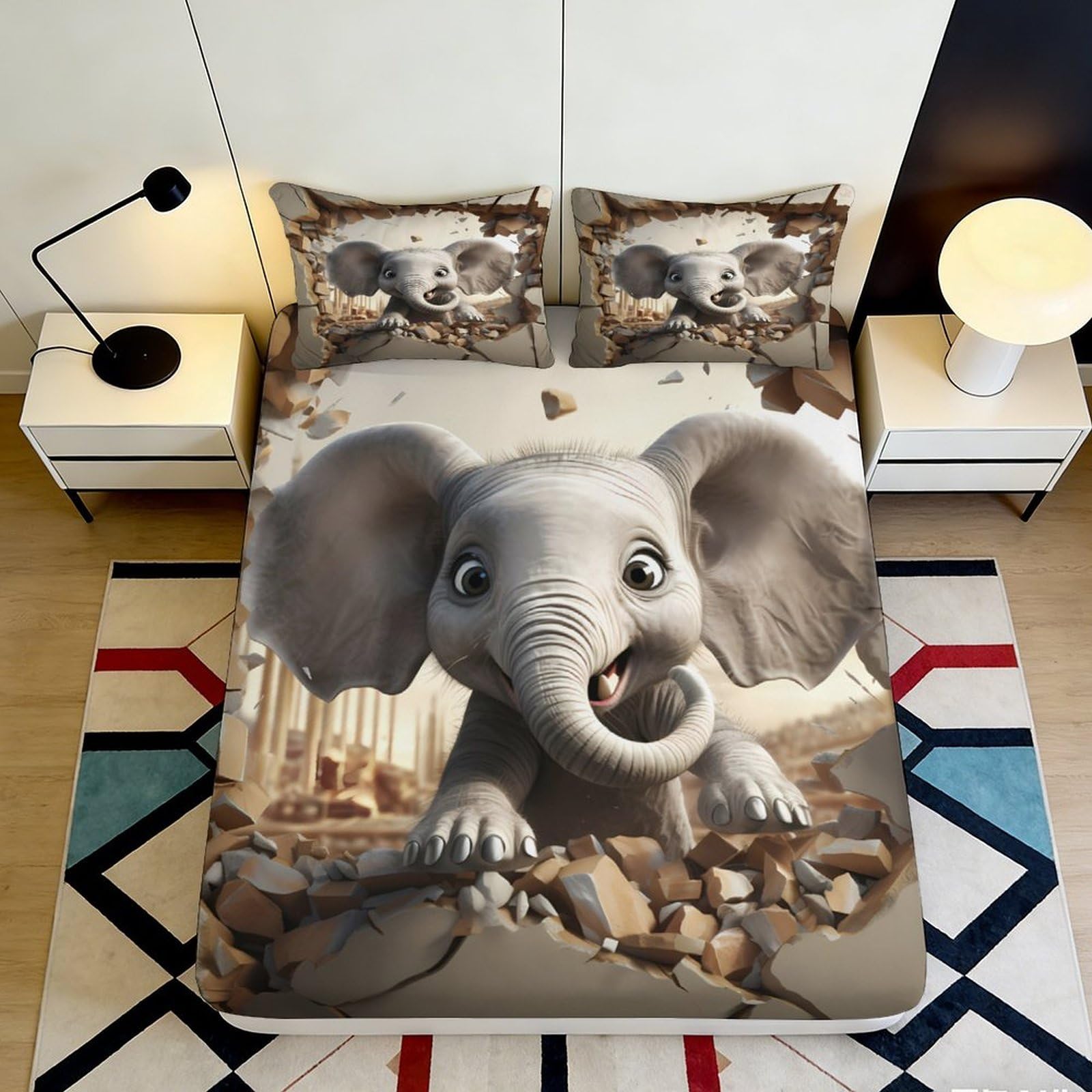 3D Printed elephant motif Fitted Sheet for home bedroom, Microfiber soft touch, wrinkle resistant, guest room bedding cover 90x200x25cm