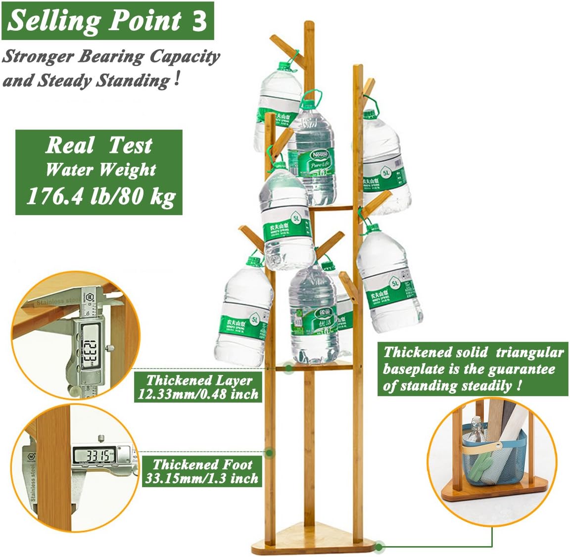 COPREE Bamboo Tree Garment Clothes Coat Hat Umbrella Portable Hanger Stand Rack with 3-Tier Storage Shelves and Hooks