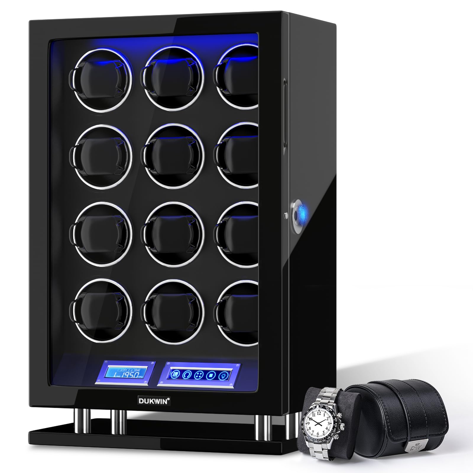 DUKWIN Watch Winder for 3/4/6/8/9/12 Automatic Watches, Fingerprint Lock Watch Winders with LCD Touchscreen, Blue LED Light, Remote Control,Adjustable Watch Pillow for Universal Watches, 5TPD