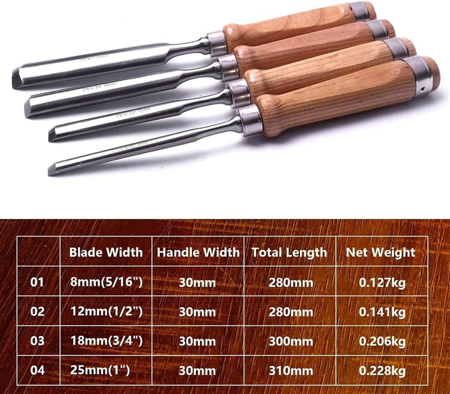 4PCS Semi-Circular Wood Carving Chisel Set, Chrome Vanadium Steel Gouge for Woodworking, Carpentry & Engraving Tools, 8mm-25mm