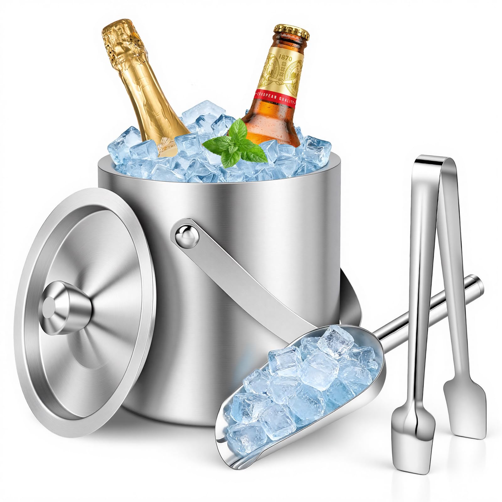 2L Eiswürfelbehälter, Eiskübel mit Deckel und Zange, Eisbehälter Edelstahl, 100% BPA Frei Eiseimer, Eiswürfel Aufbewahrungsbehälter für Bier, Früchten, Champagner, Riegel, Partys