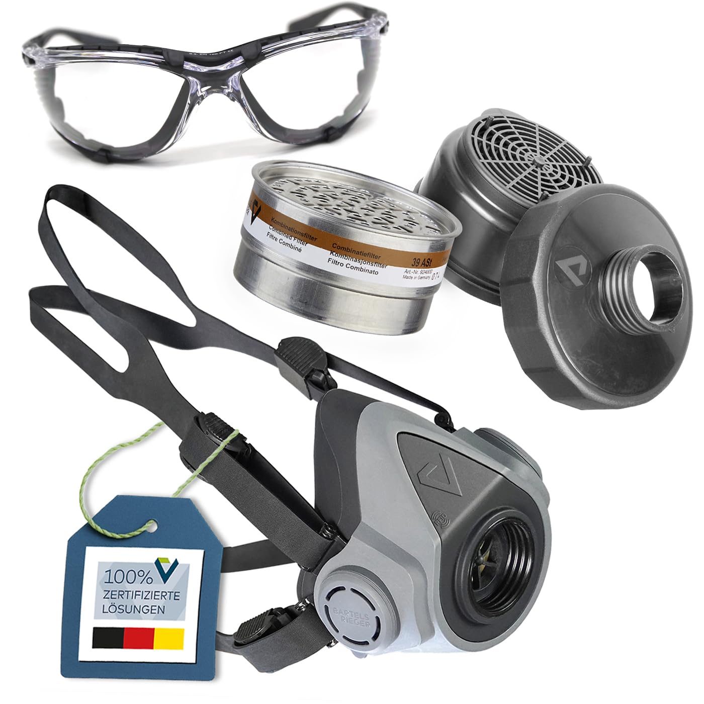 Atemschutz-Set Silikon Maske BariMask HF, Filter, Filteraufnahme, Brille | Arbeitsschutz-Set mit Silikon Halbmaske BariMask HF, 1x A1P2 Steckfilter 39 ASt, Filteraufnahme 5570/70 & Schutzbrille