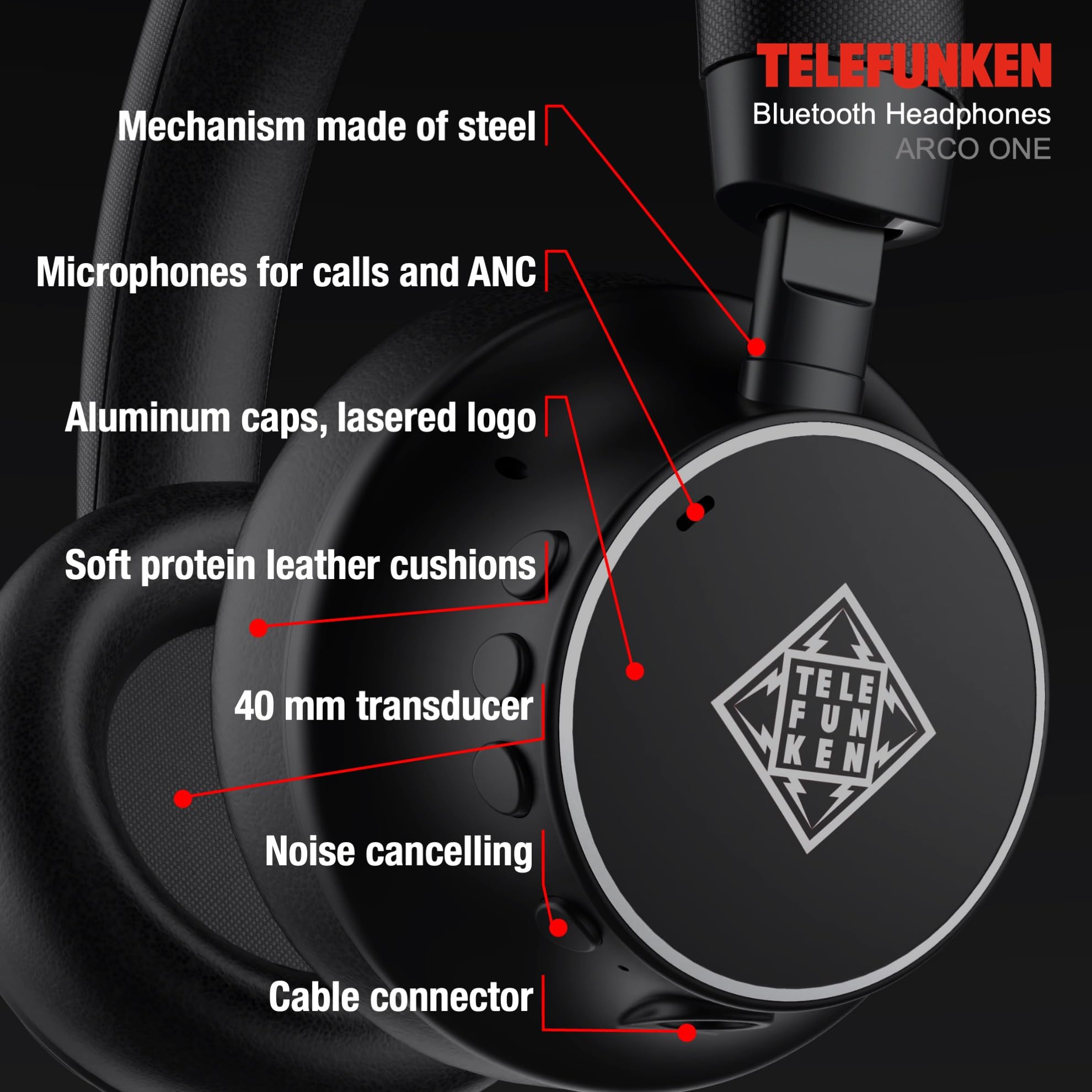 TELEFUNKEN ARCO ONE - Cuffie Bluetooth Over-Ear ANC, multipoint, batteria 30 h (22 h ANC), driver 40 mm, 32 Ω, AUX/3,5 mm e USB-C, IPX3, 220 g, imbottitura intercambiabile
