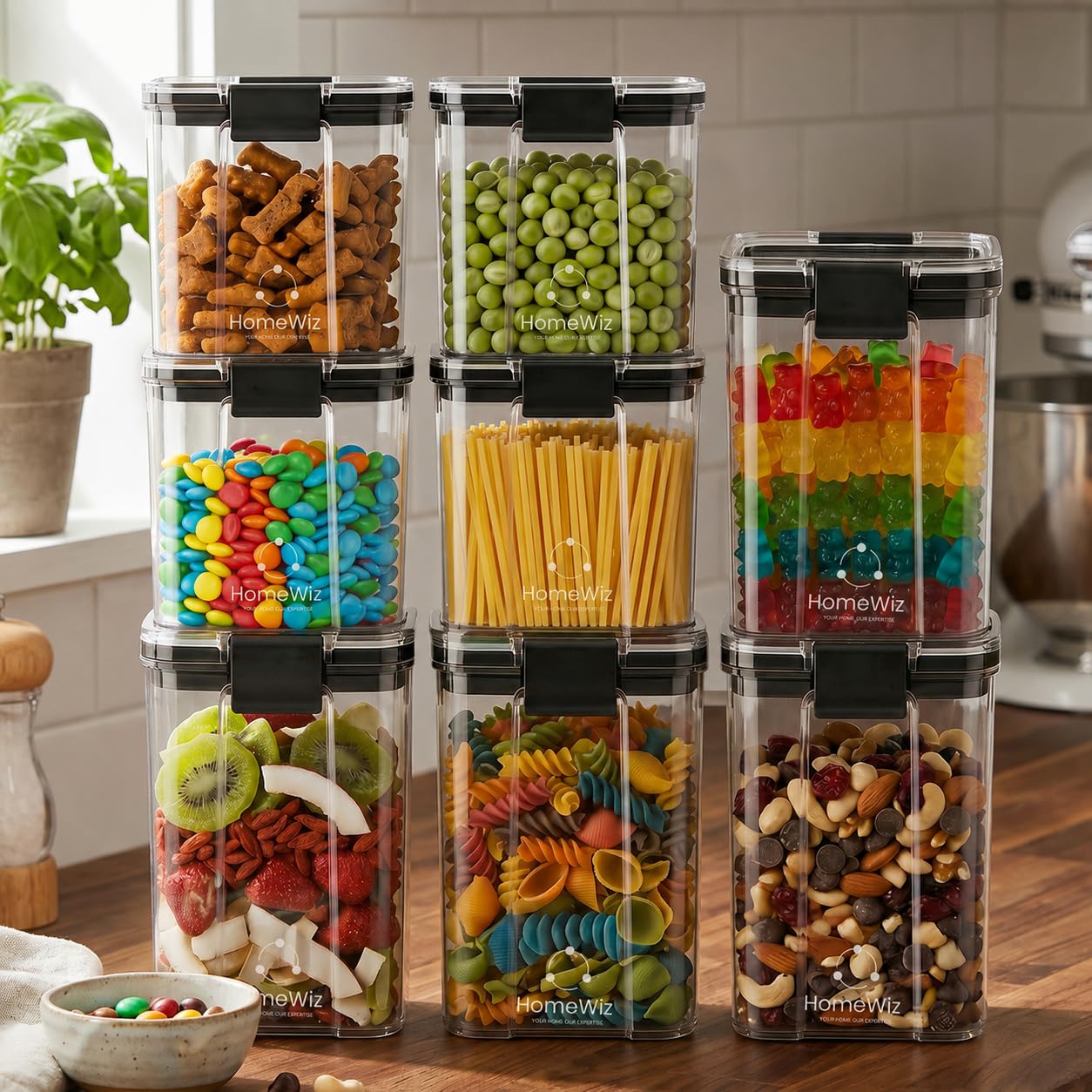 HomeWiz Airtight Kitchen Storage Box Pack of 8 | 1200ml x4 & 700ml x4 | Containers For Kitchen Storage Set |Food Grade BPA-Free Kitchen Containers Set With 2 Side Clip-Lock|Stackable - Pantry & Fridge