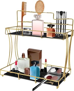 Bathroom Organizer Countertop with Toothbrush Holders,2 Tier Bathroom Vanity Organizer Makeup Shelf,Rectangular Sink Organizer,Removable Tier Tray,for Dresser,Bedroom,Living Room,OfficeGold