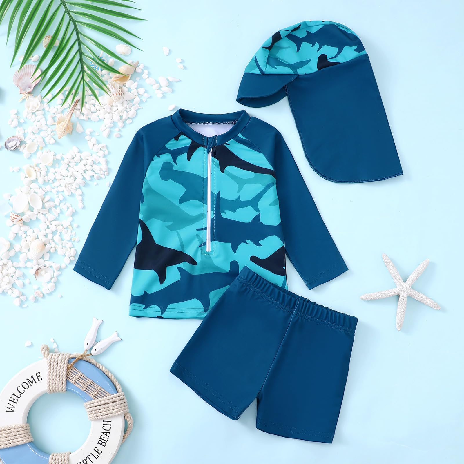 Générique Maillot de Bain garçon Manches Longues avec Rashguard Short imprimé et Bonnet Solaire idéale pour Jeux Aquatiques Plage Piscine été