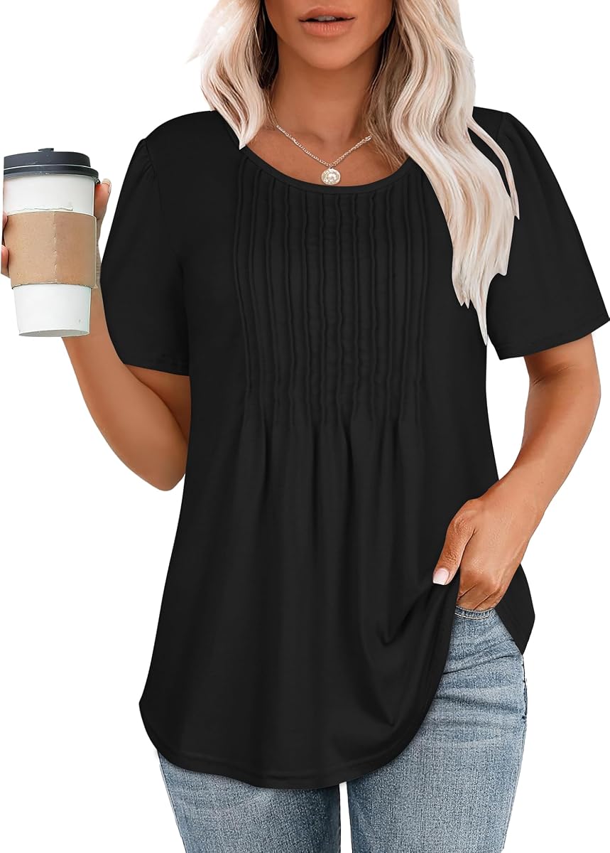 Womens T Shirts Short Sleeve Tops Pleated Dressy Casual Flowy Summer Blouses