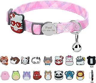 AnNengJing Custom Personalized Breakaway Cat Kitten Collars with Bell Safety Quick Release Kitty Engraved Collars for Girls Boys Cats-Plaid Pattern-Pink
