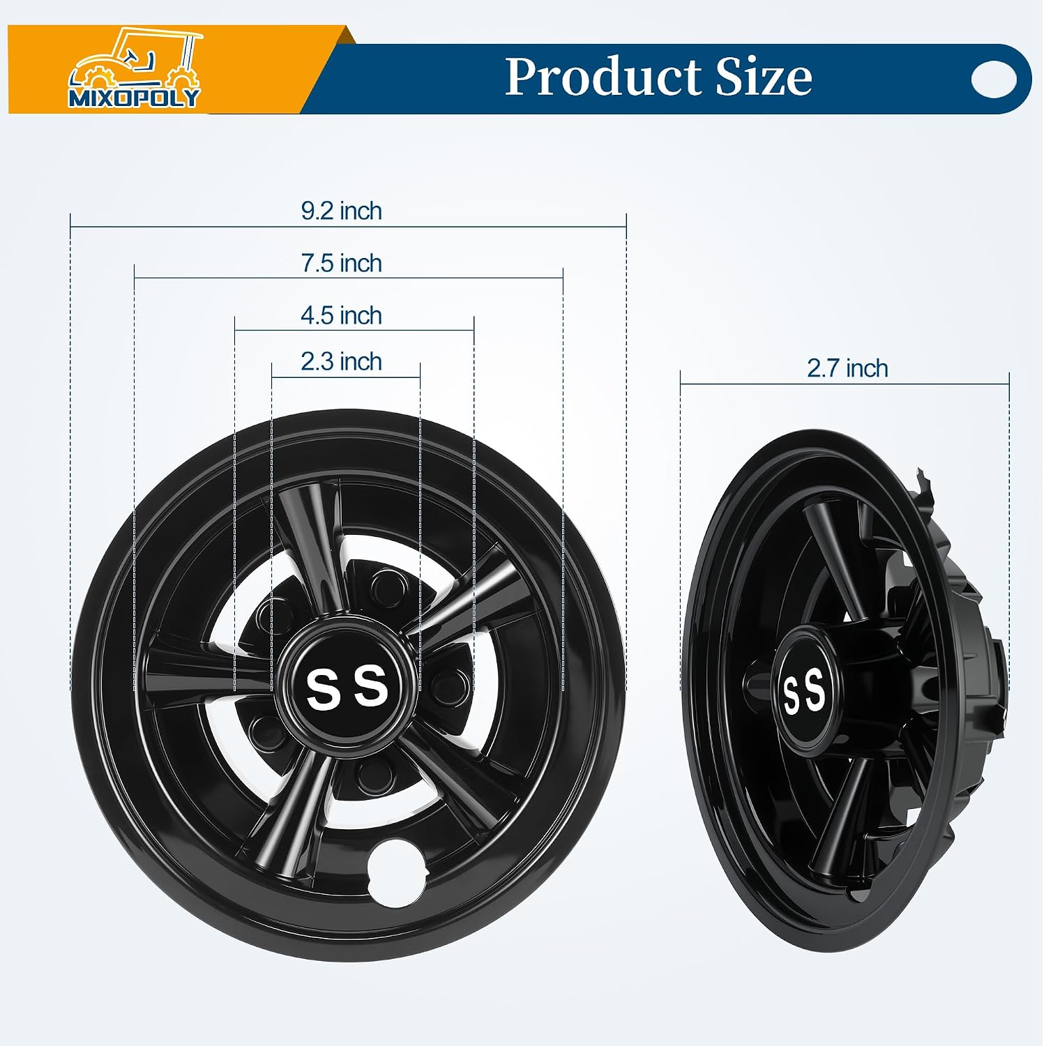 Golf Cart Wheel Covers Hub Caps Direct Fit for EZGO, Yamaha, Club Car SS Chrome 5-Spoke Snap-on Installation Rust-Proof Weather-Resistant，Silver and Black，8 Inch (Set of 4)