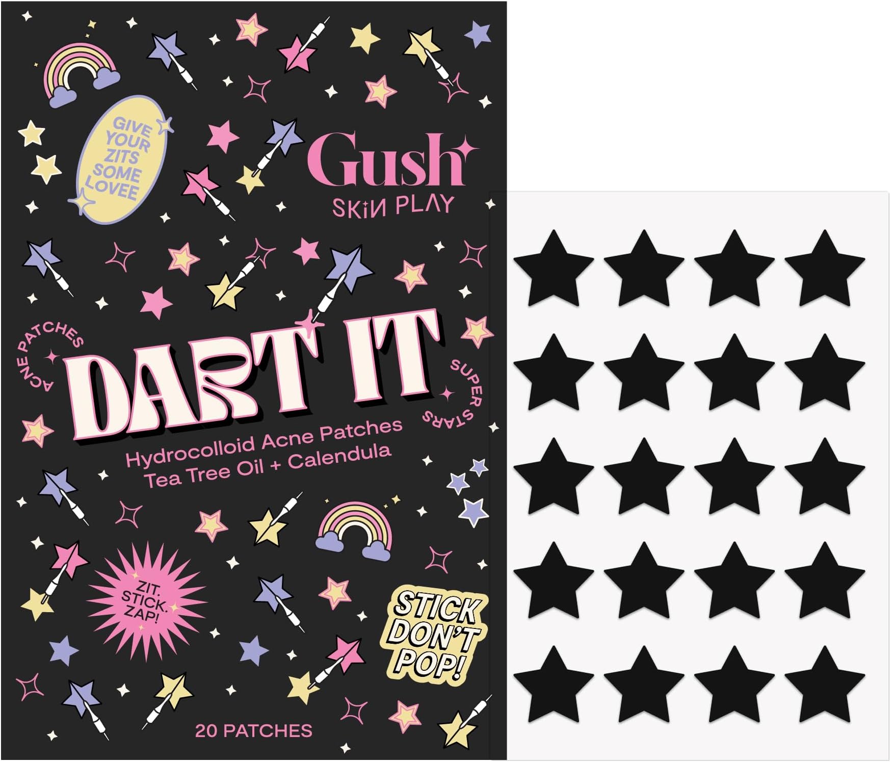 Gush Beauty Black Star Pimple Patch, Tea Tree Hydrocolloid | 20 Count | Hydrocolloid patches with tea tree oil that flatten pimples, absorb gunk & excess oil overnight and cover blemishes.