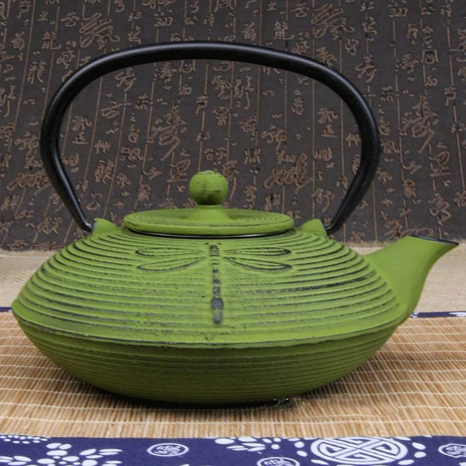 Tetera Cerámica Libélula Verde Tetera de Hierro Fundido Infusor de Acero Inoxidable para Té de Hojas Sueltas, Construcción Duradera, Interior Esmaltado, 800 ml,Verde