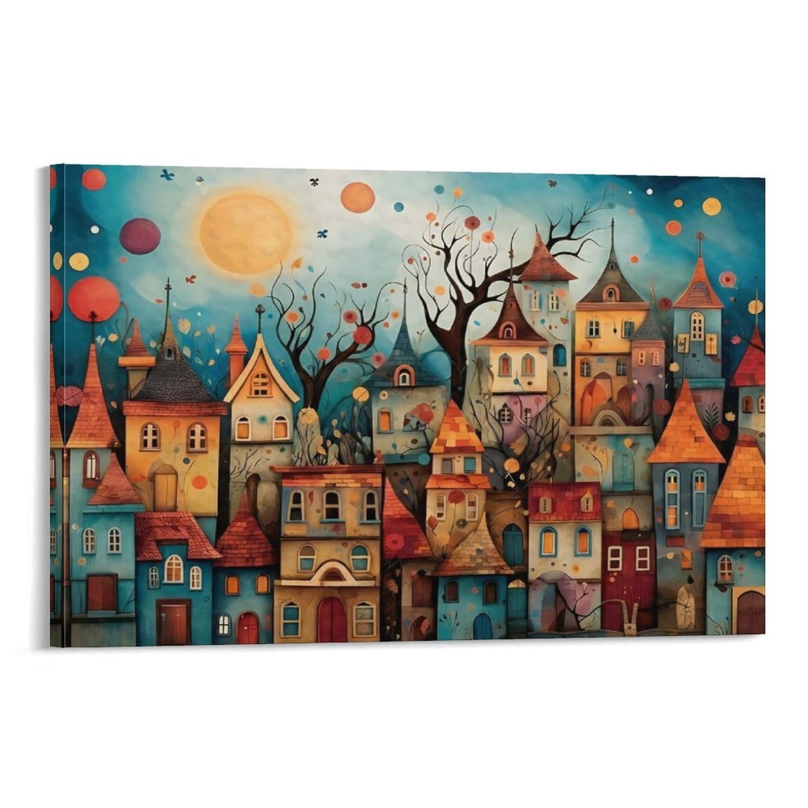 CPLVKWRQJ Whimsical Fantasy Town Single Whimsical Fantasy Town Art Framed Canvas Wall Art - Kitchen Removable Wall Art Multi-Purpose Focal Point Decor 20x30inch(50x75cm)