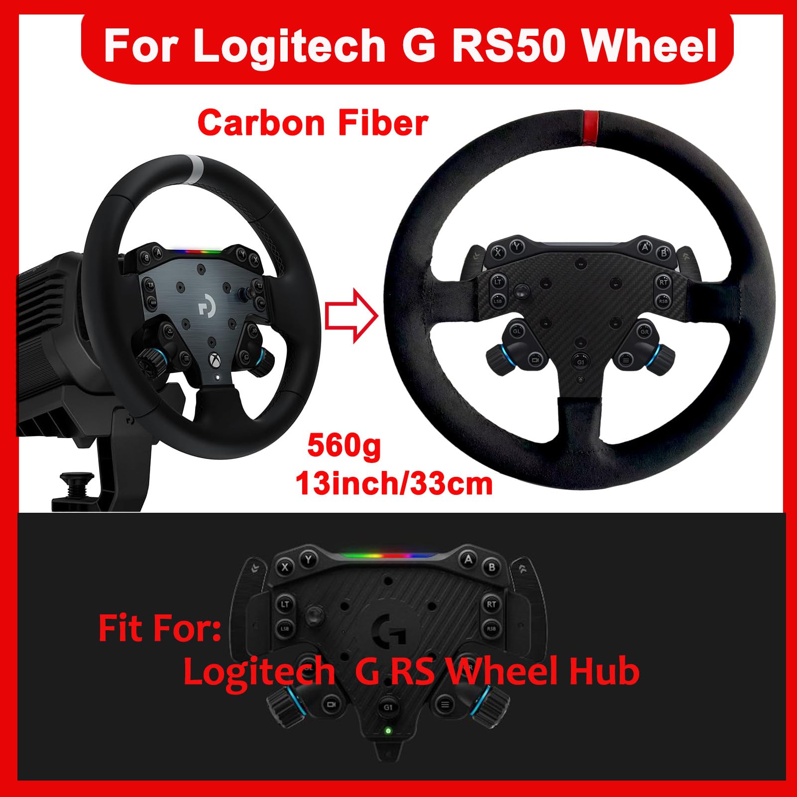 Replace 13 inch lightweight Original Suede Steering Wheel For Logitech G RS50 System Wheel base; For Logitech G RS 50 PRO Base Mod Round Wheel On Xbox/PS5/PS4/PC GT3 GT4 Game