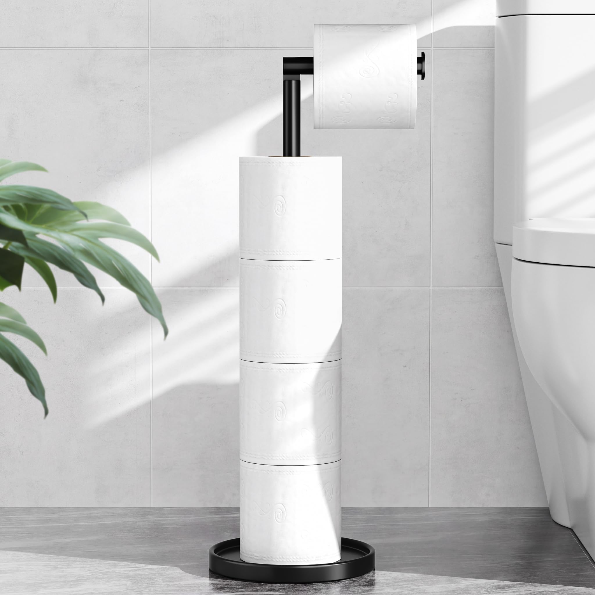 Stainless Steel Free Standing Toilet Roll Holder with Storage, Black