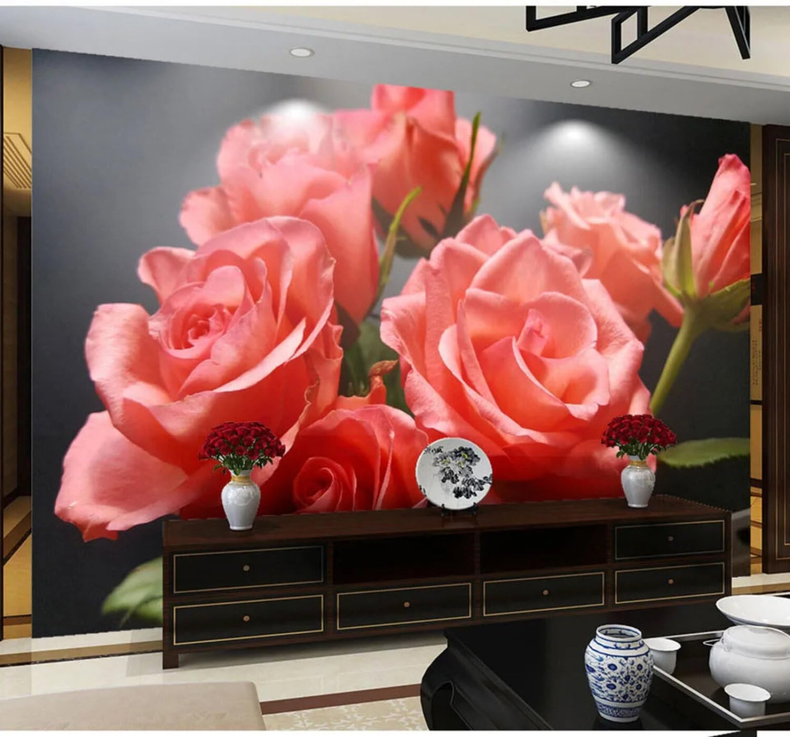 Wallpaper-3D-Xlm 250Cm×170Cm(B×H) Minimalist Three Dimensional Beautiful Pink Flowers 3D Wallpaper Easy Install Feature Office Living Room Sofa Bedroom Tv Background Wall Decoration-250Cm×170Cm
