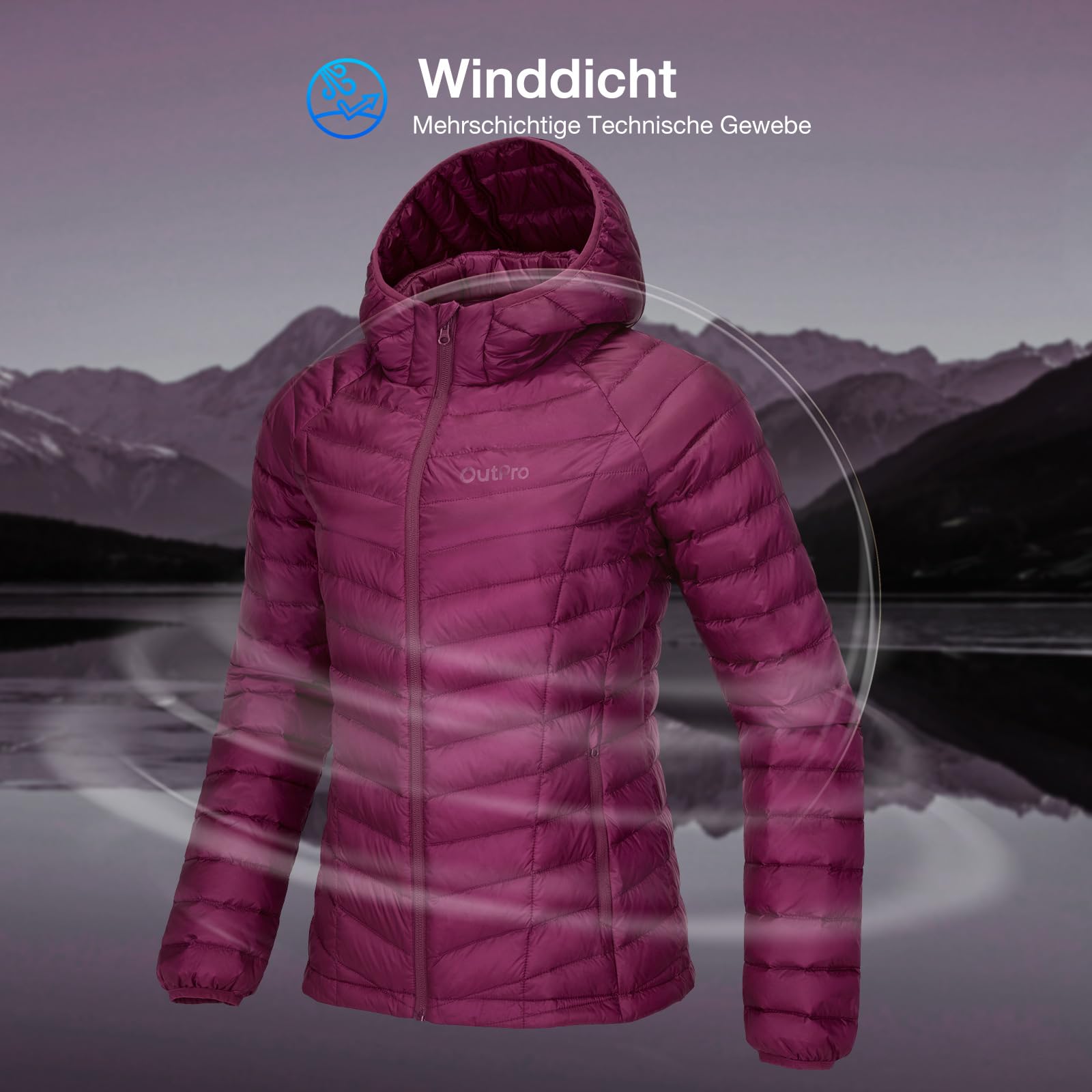 OutPro Daunenjacke Damen Leichte Packbare Übergangsjacke Warme Winterjacke mit Kapuze Outdoor für Frauen Warmes Polythermal-Futter mit Taschen für Freizeit Wandern Reisen
