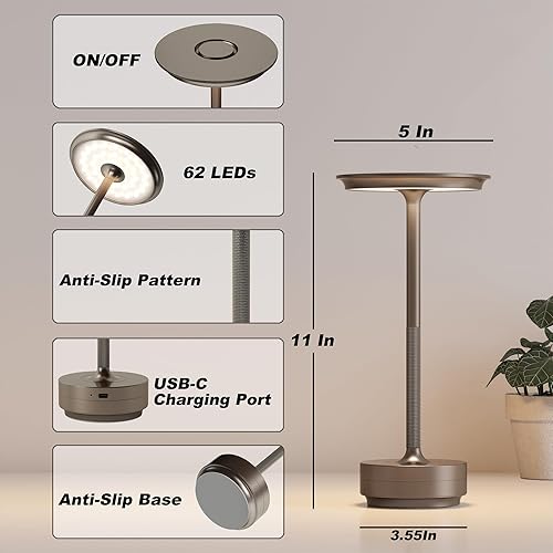 Miniatura 7 de Paquete de 2 lámparas de mesa inalámbricas recargables, luz de mesa portátil con batería de 5000 mAh, luz de mesa LED de atenuación continua de 3