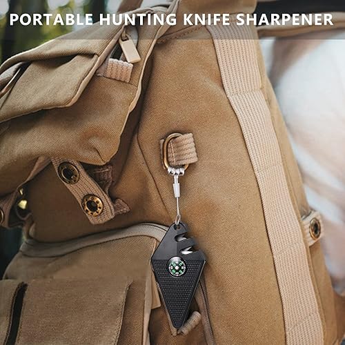 Miniatura 5 de Afilador de cuchillos de bolsillo con molienda gruesa y fina, mini sacapuntas EDC con silbato de emergencia y brújula para exteriores, senderismo,