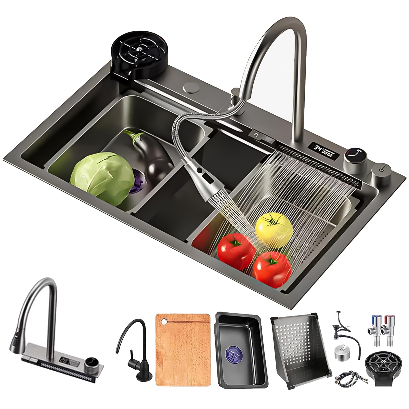 ZQFHSX Kitchen Waterfall Sink Workstation - with Faucet, Pressurized Coaster and Dishwashing Accessories, Black Stainless Steel Large Single Bowl Sink(75x45x22cm)