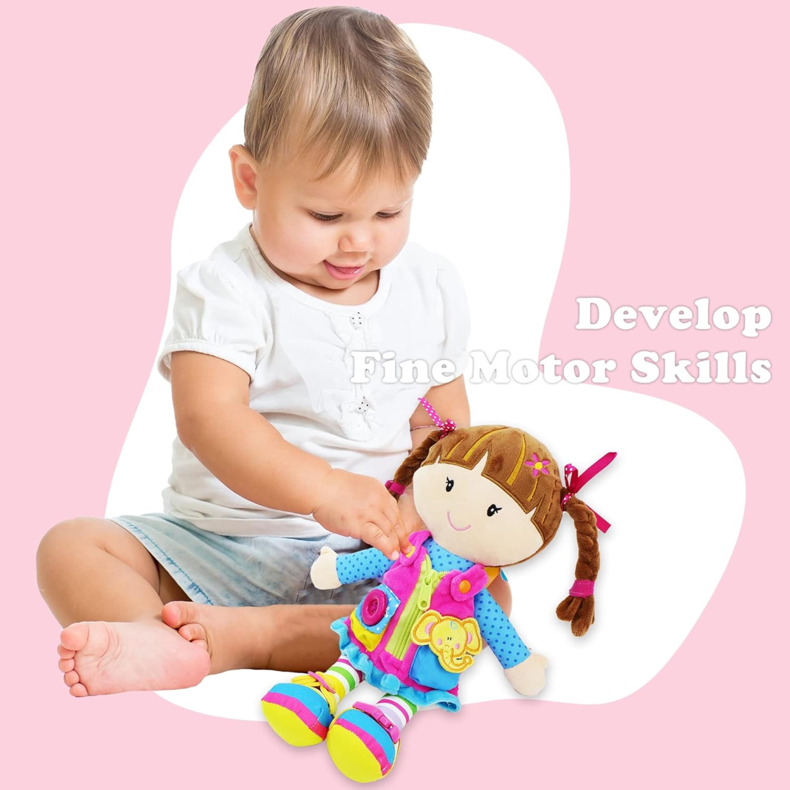Dressy Friends Belle - Muñeca de peluche educativa para niños y niños pequeños de 18 meses en adelante - Juguete suave con hebilla Montessori de 40 cm