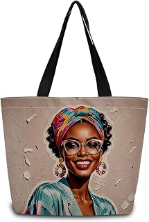 African American Tote Bag Reusable Grocery Bags Aesthetic Shopping Shoulder Handbag with Interior Zipper Pocket Stylish Modern Smiling Lady Present for Women
