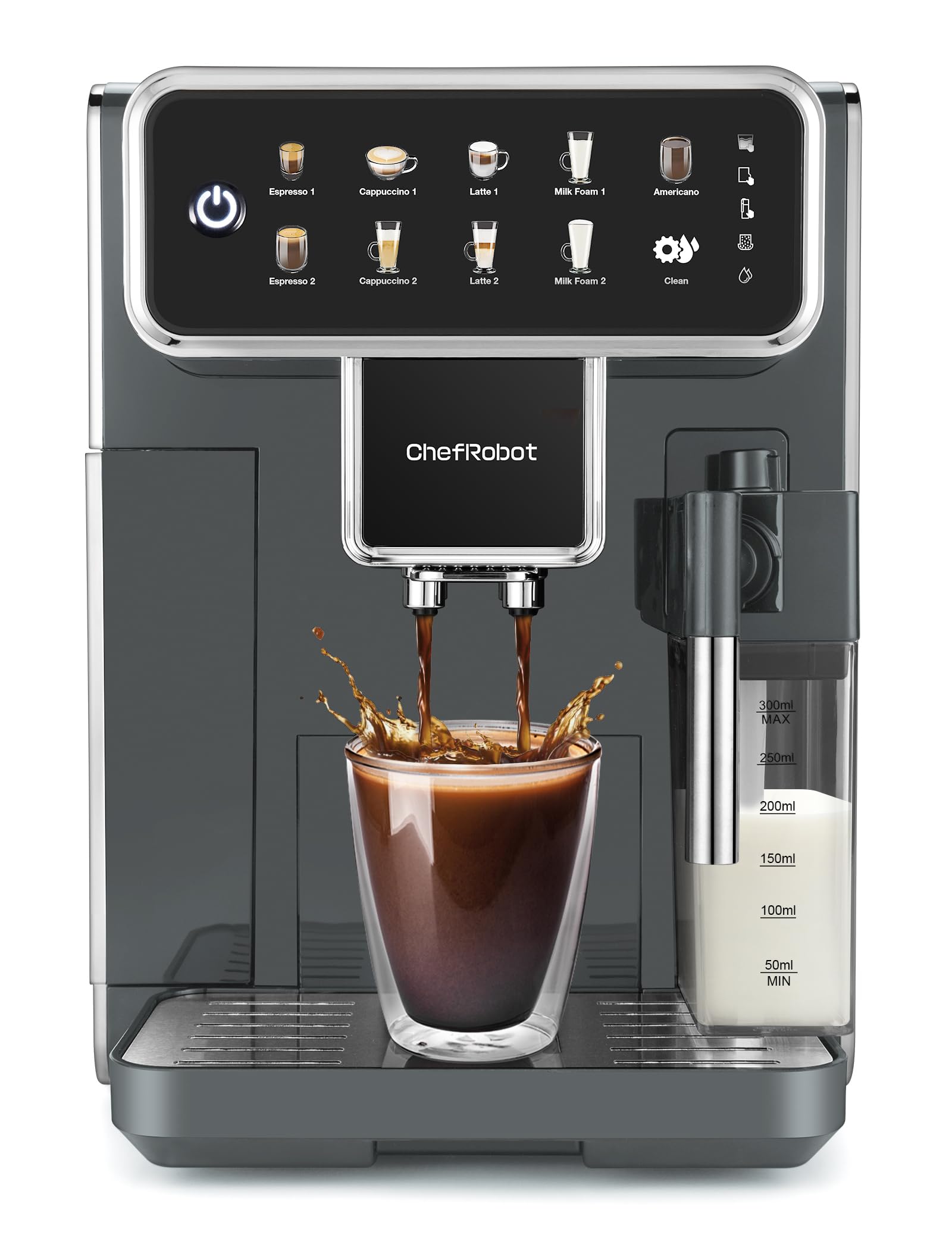 Chef Robot Automatic Espresso Machine Coffee Maker 12 Cup Grinder Cappuccino Latte Americano Machine with Milk Whisk for Home and Office (Grey)