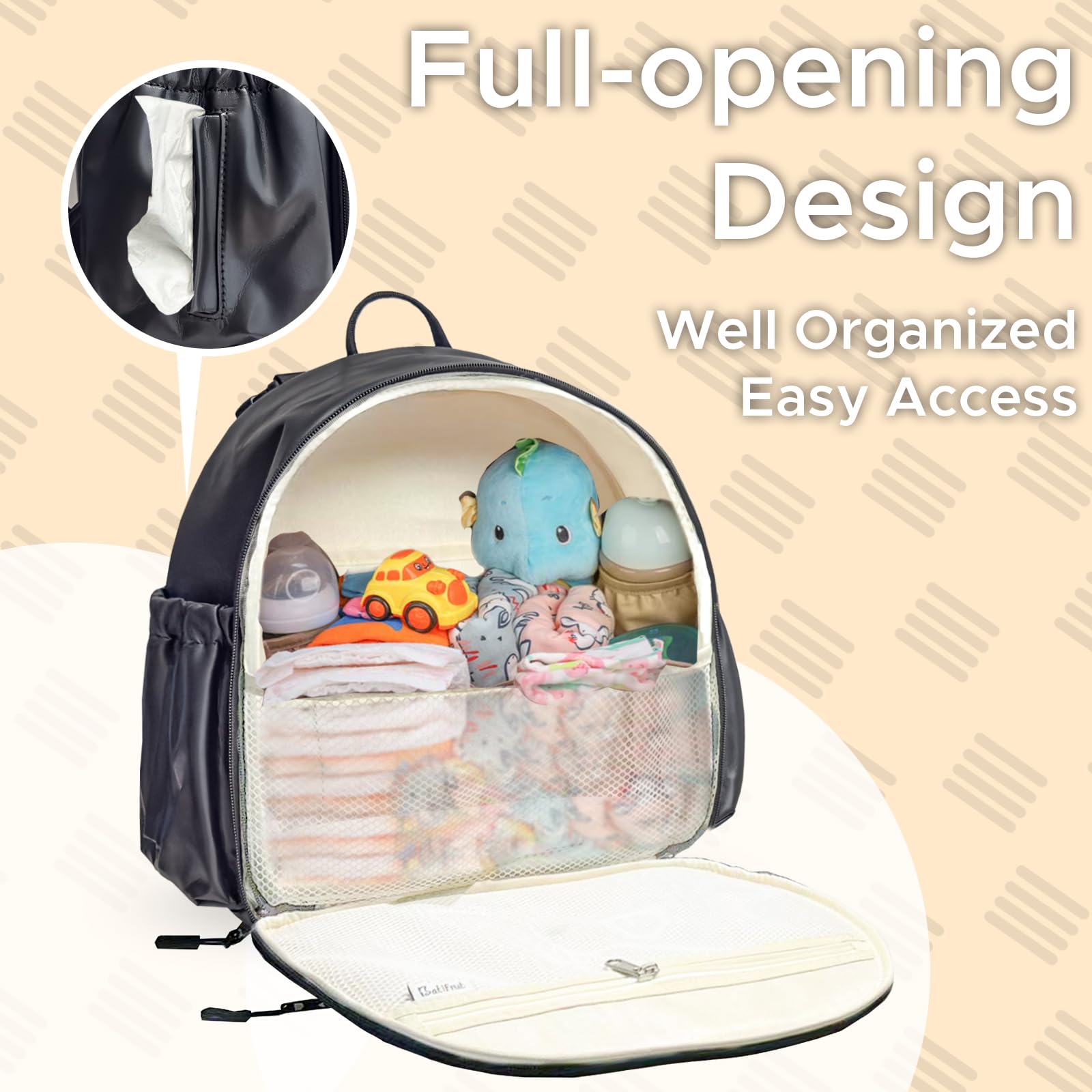 Mochila para pañales, pequeña bolsa de pañales con cambiador, mochilas de bebé para mamá, mini bolsas de maternidad de viaje con bolsillos aislados, correas para cochecito, ligera, de cuero, Negro -,