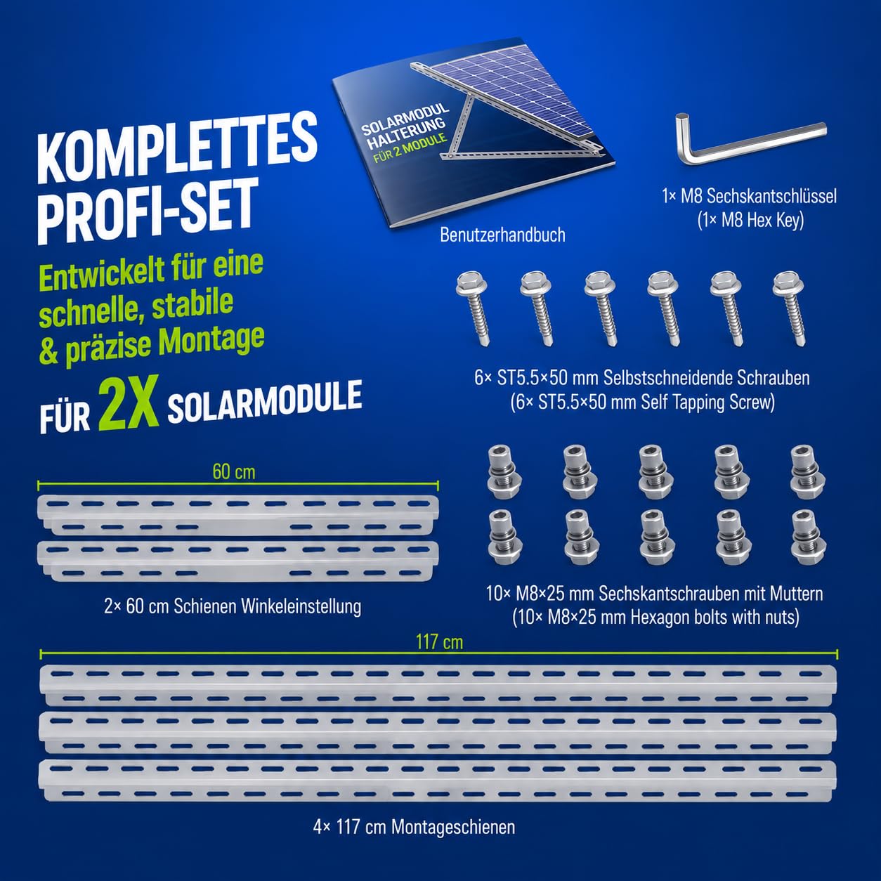 2 unidades de carpa - Soporte para paneles solares de balcón de hasta 117 cm (46") Ángulo Ajustable 0-90°, Barandillas de inclinación robustas para paneles solares de balcón (para 2 paneles solares