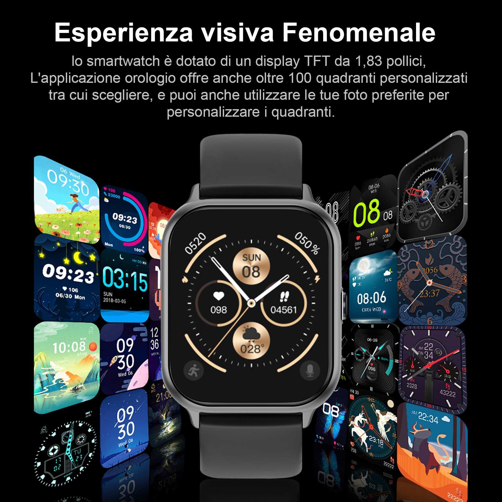 Smartwatch Uomo Donna con Effettua o Risposta Chiamate,1.85" smartwatch che risponde ai messaggi, Impermeabile IP68, Smart Watch con Monitoraggio del SpO2/Sonno/Contapassi per IOS/Android (Nero A)