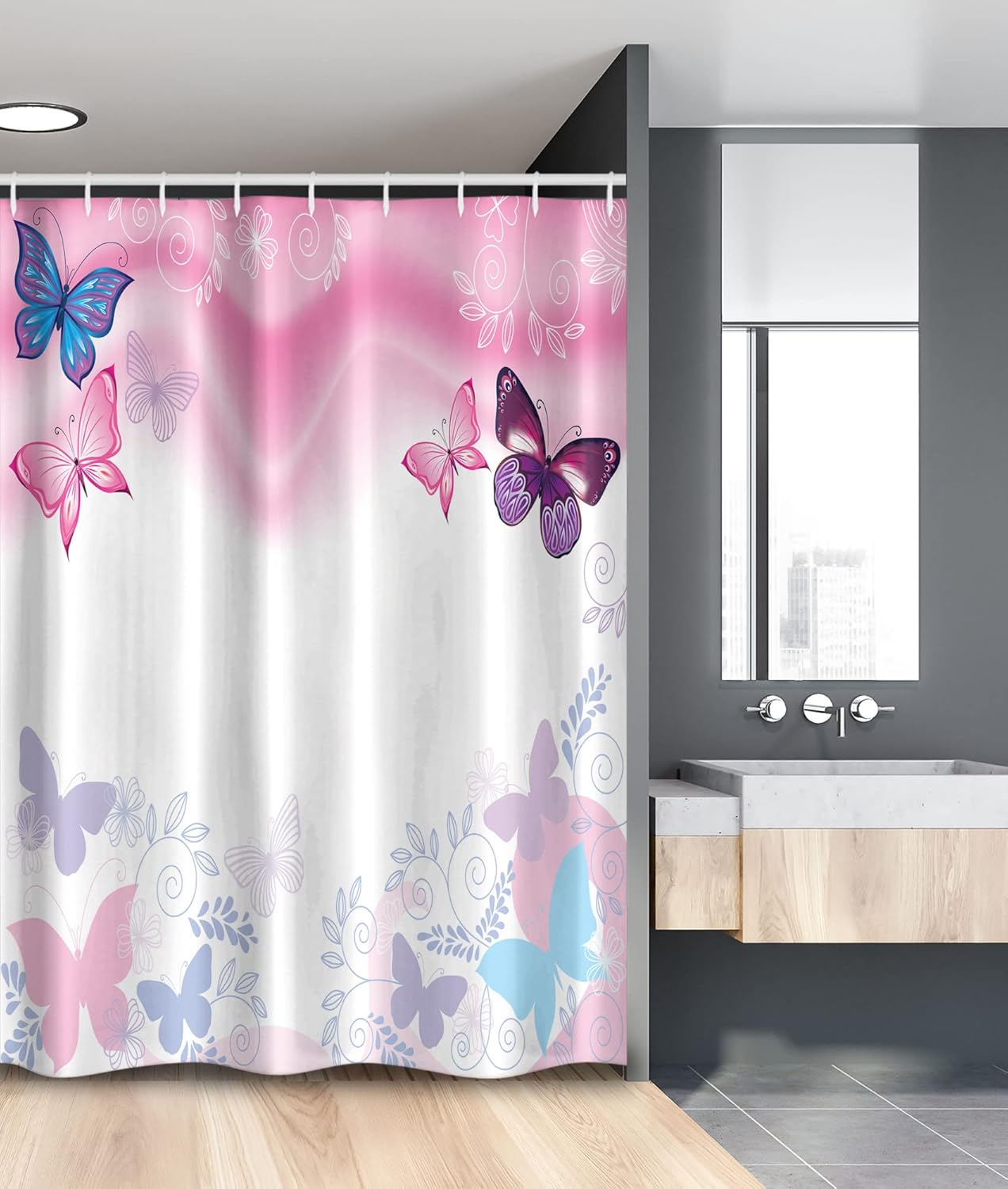 Ambesonne Cartoon Stall Shower Curtain, Flowers and Butterflies Curly Wavy Leaves Insect Summertime Design, Fabric Bathroom Decor Set with Hooks, 54" W x 78" L, Pink White Maroon