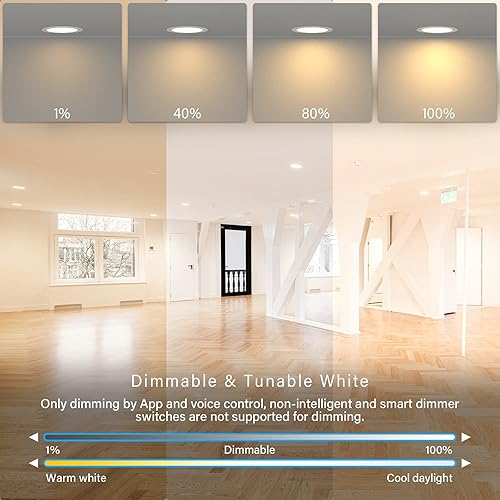 Miniatura 9 de Luz LED inteligente empotrable delgada de 4 pulgadas, cuadrada, aplicación WiFi y control de voz, 120 V, 9 W, 600 LM, RGB + 2700K-6000K,