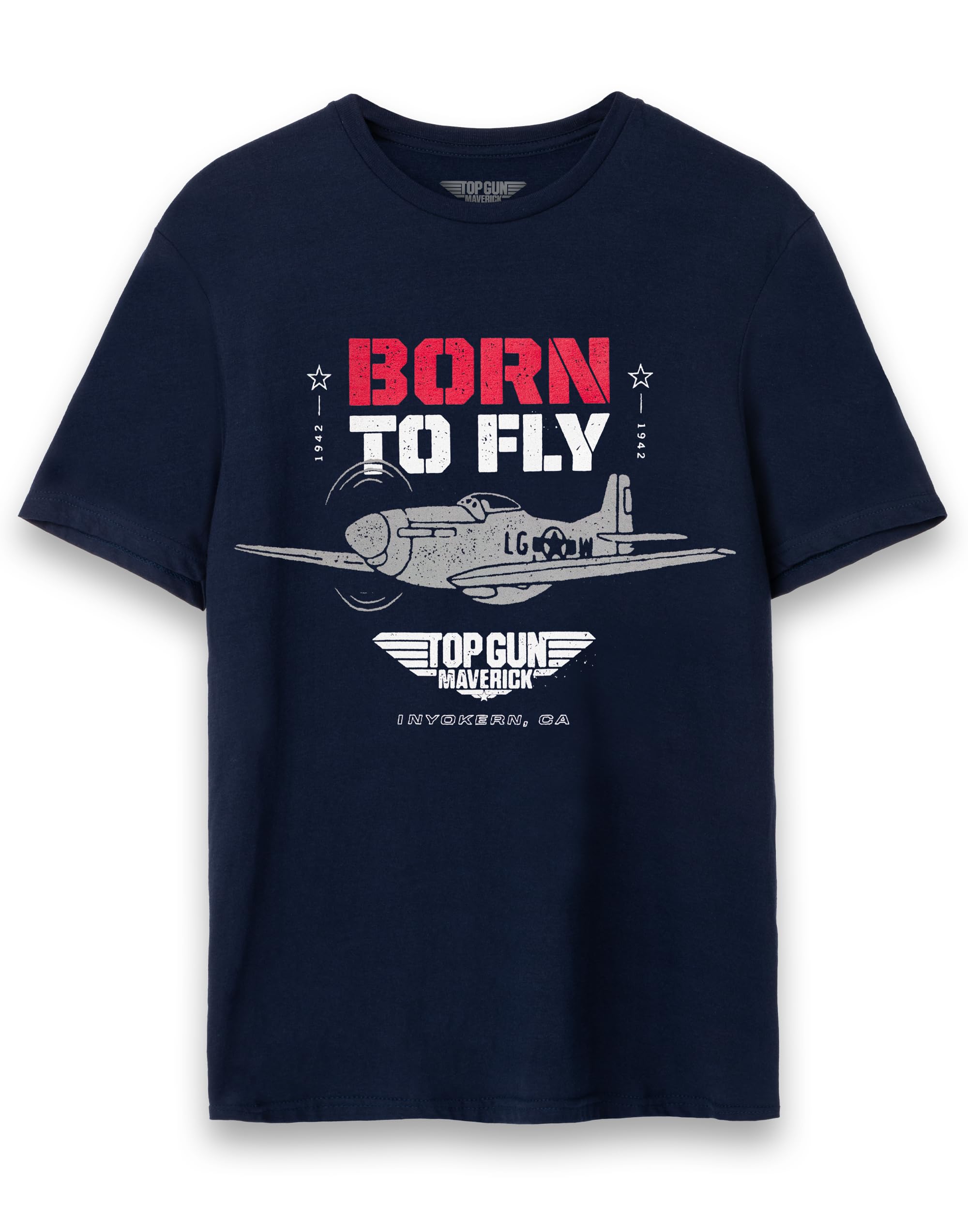 Top Gun Maverick Mens T-Shirt | Adults Born to Fly Navy Short Sleeve Graphic Tee | Distressed Fighter Jet Vintage Style USA Action Movie Apparel Top | Iconic Film Series Merchandise Gift