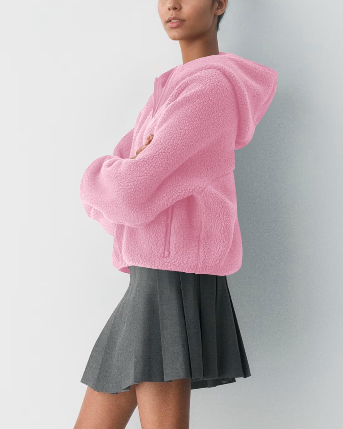 Locachy Women's Cozy Sherpa Fleece Winter Warm Hoodies Cute Casual Zipper Coat with Pockets Fashion Spring Outwear - Image 3