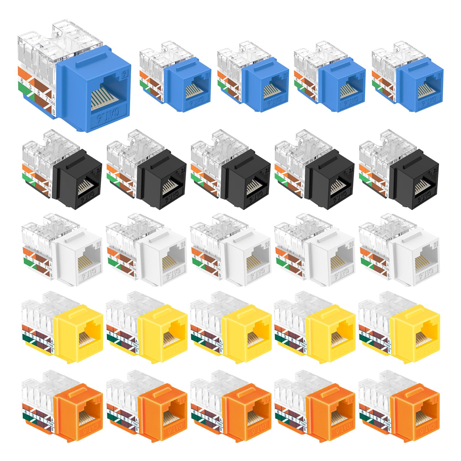 VCE UL Listed Cat6 RJ45 Keystone Jack Insert 25-Pack, 90 Degree Punch Down Keystone Jack Adapter Slim Profile Mixcolor