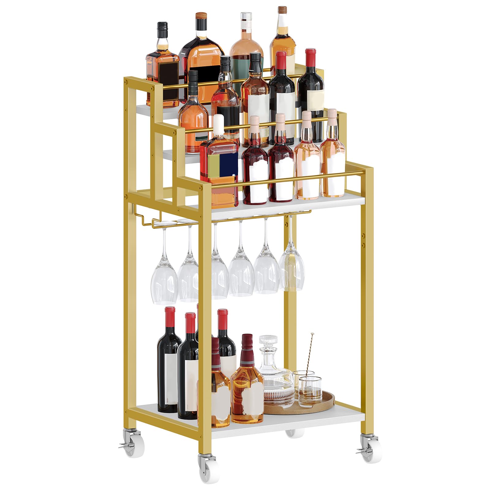 YATINEY Bar Cart, 3 Tier Home Bar Serving Cart with Glass Holder, Versatile Display Wine Rack Trolley, for Living Room, Kitchen, Gold BC08DW