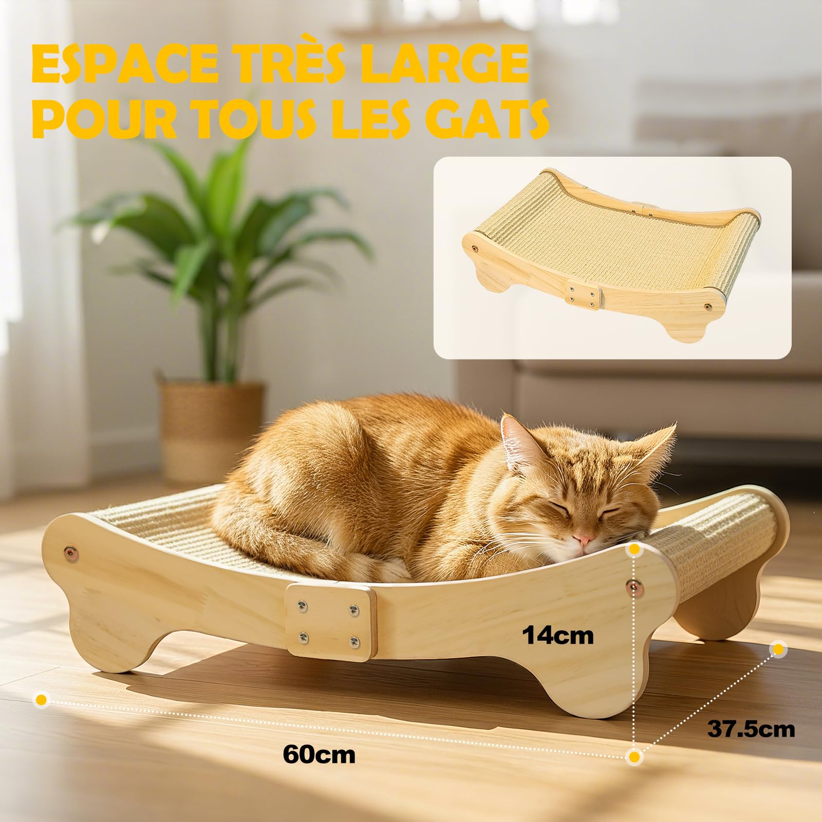 DONWEI Griffoir pour Chat Sisal, Grattoir Chat Lit, Design Incurvé à 160°, Tapis à Gratter Horizontal, Très Grand 60 x 37 x 14 cm, pour Tous Les Chats Détente