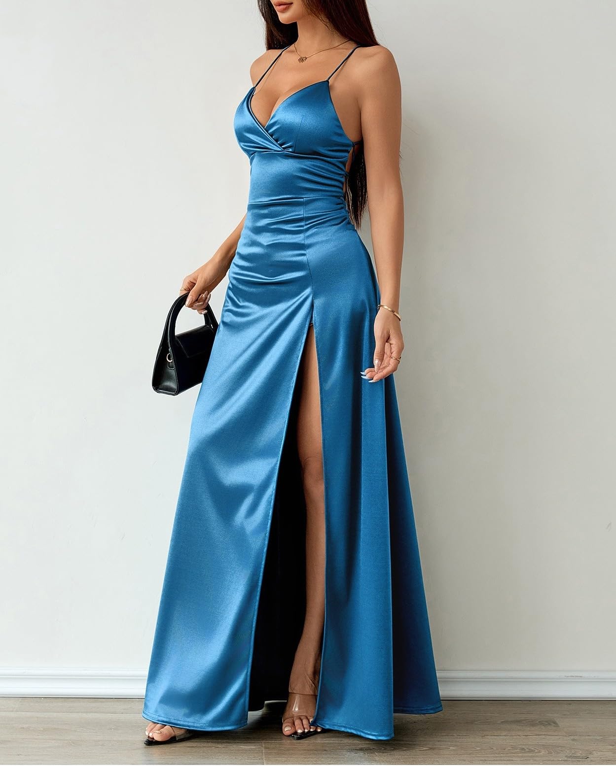 Maxi abito da donna in raso con scollo a V, spalline sottili, abito da sera con spacco laterale, abito lungo per feste, cocktail e matrimoni