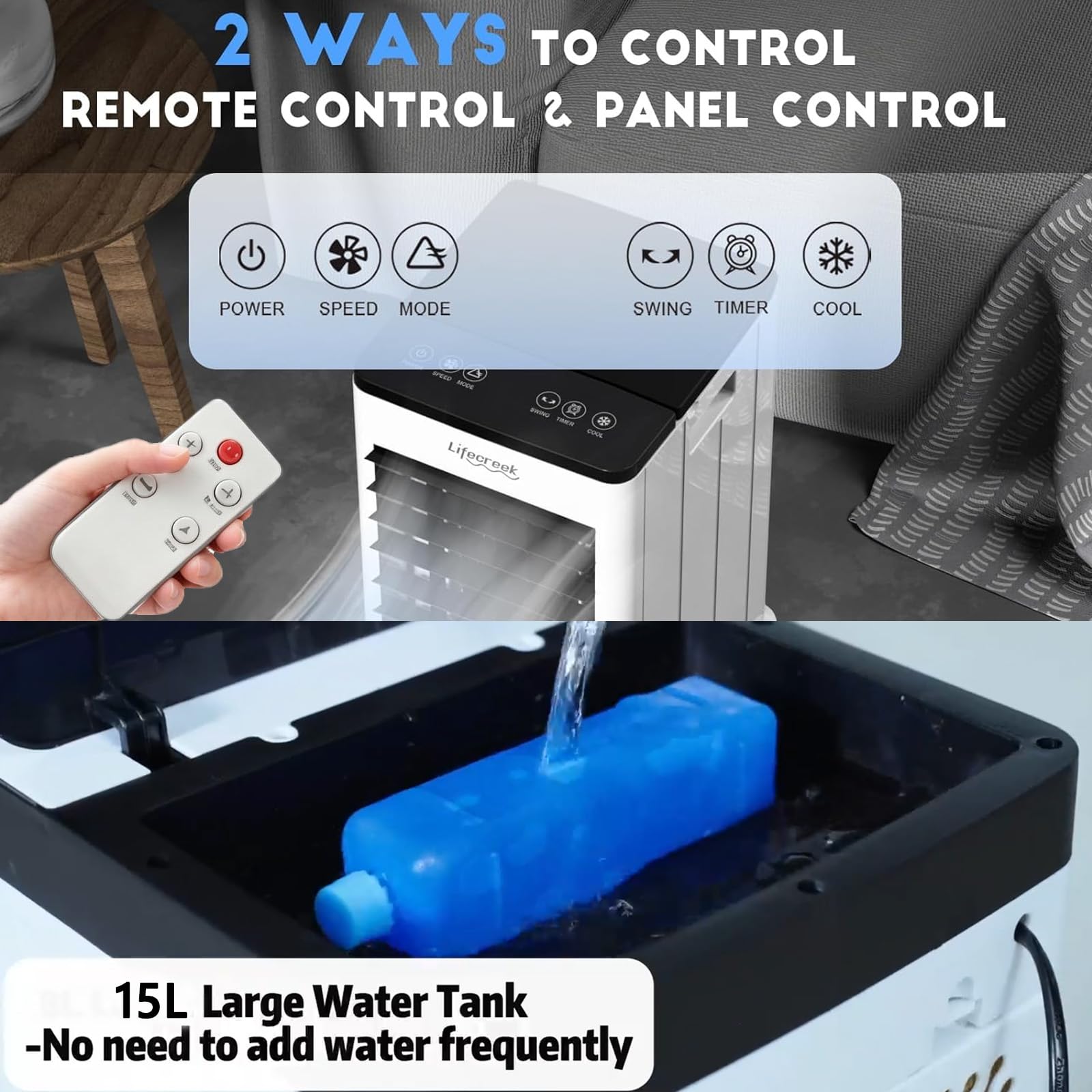 Aires Acondicionados MóViles con tanque agua extraíble 15 litros,unidad acondicionado ventilador 3 velocidades,control remoto,hogar Aire acondicionado,oficina ventiladores refrigeración A/C