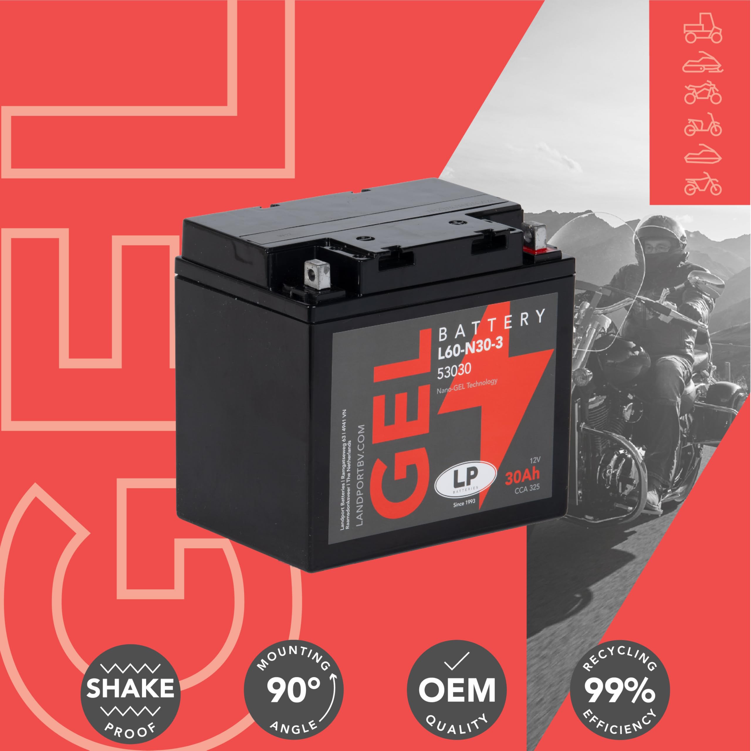 LANDPORT Batterie 12V 30Ah Gel kompatibel BMW K100 K1100 K75 R100 RT R60 R65 R75 R80 R90 HD FLHRC FLHT FLHXSE