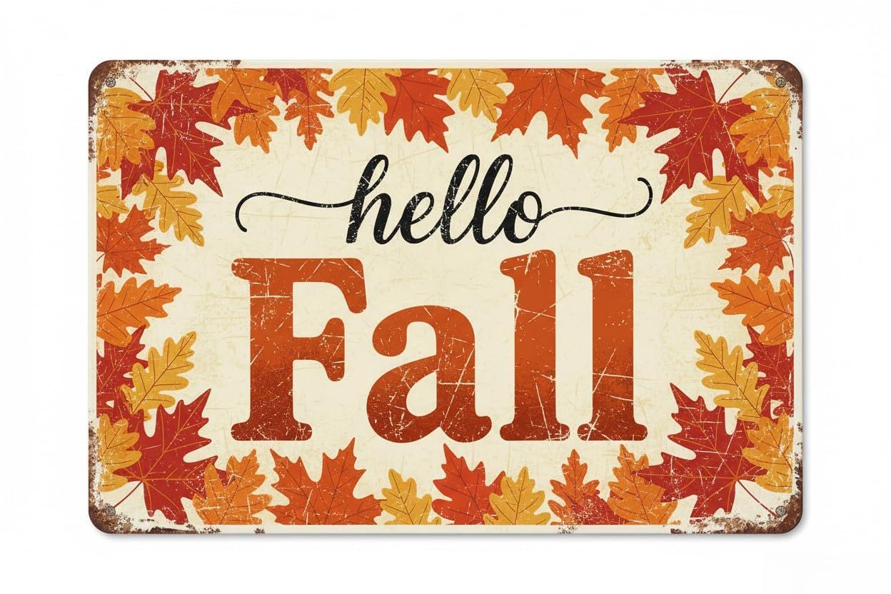 Vintage Metal Tin Sign for Man Cave Hello Fall En, 8x12 Inch, Farmhouse Wall Decor S Fall