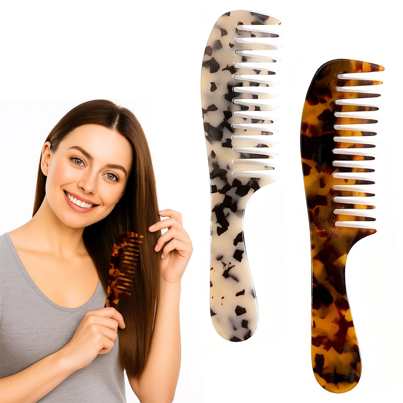 Wide Tooth Comb for women - Large Hair Detangling Comb for Curly Wavy Wet Dry Hair, Cellulose Acetate Combs 2 Pack (Tortoise Shell)