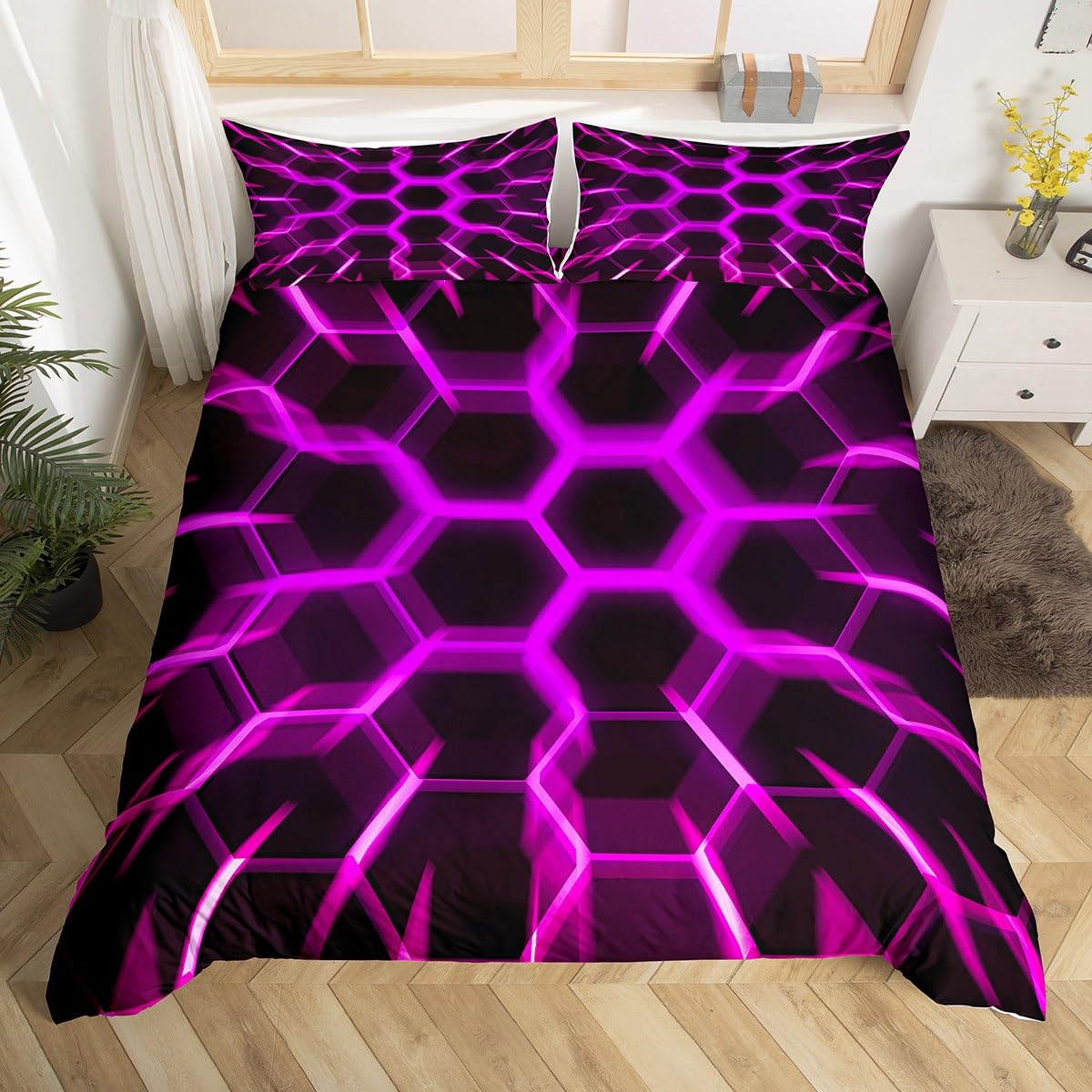 Honeycomb Duvet Cover Black Purple Geometric Hexagonal Pattern Gaming Single Bedding Sets for Girls Kids,3D Hexagon Beehive Comforter Cover Game Room Decor,Glowing Neon Home Decor Bed Set