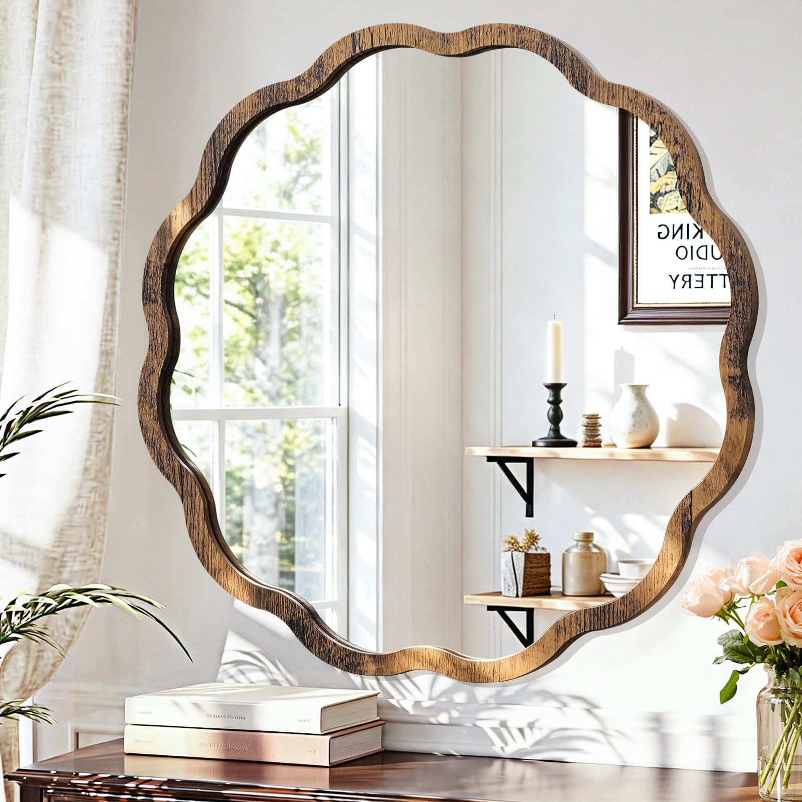 JJUUYOU Mirrors for Wall with Wavy Wood Framed Round Mirror Retro 30CM